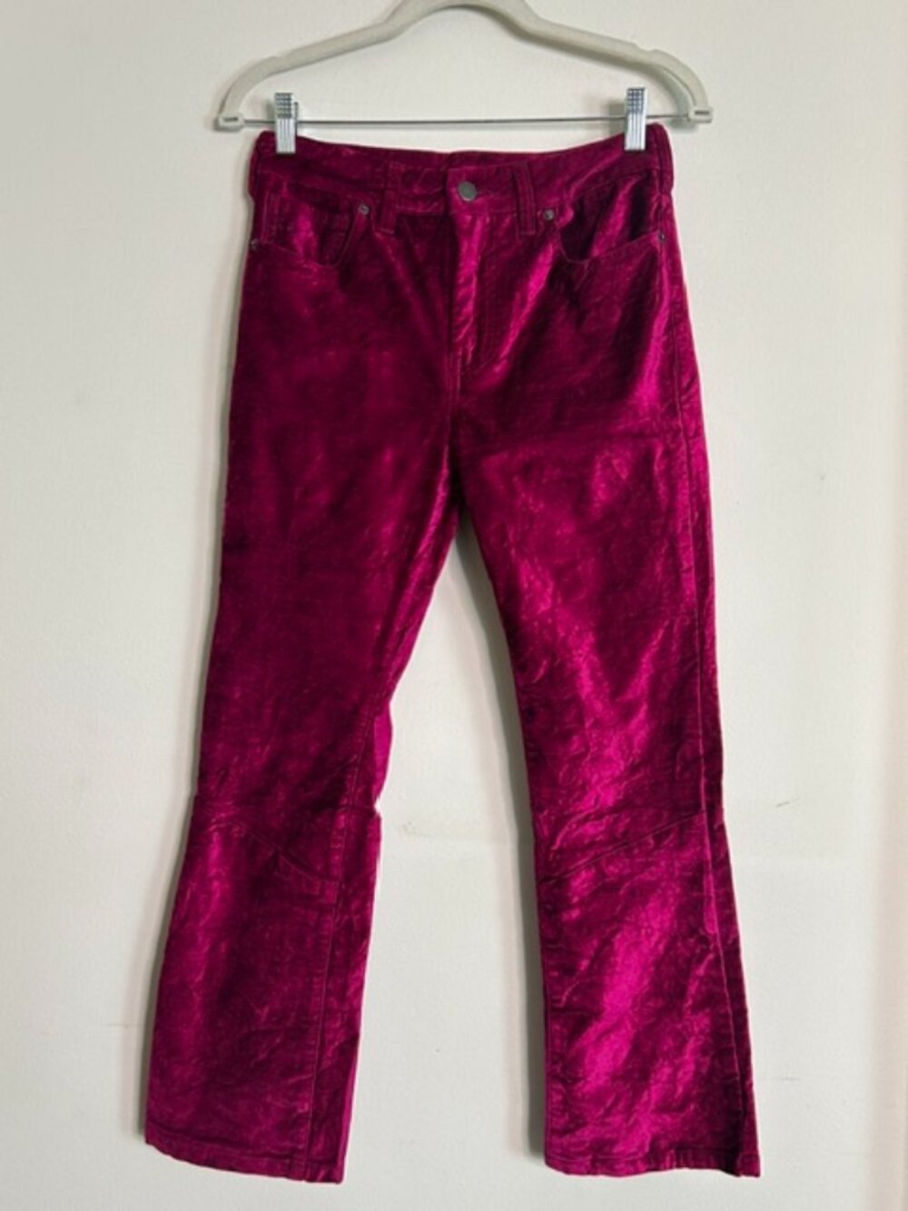 Free People Plush Crushed Bold Magenta Pink Velvet Flare Boot Cut Pants NEW